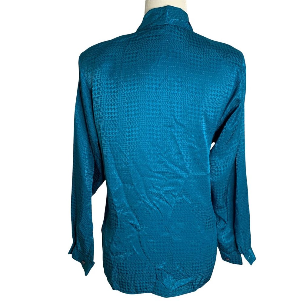Vintage Silky Button Up Shirt M Teal Blue Long Sleeve Pocket Notch Collar - Picture 4 of 6